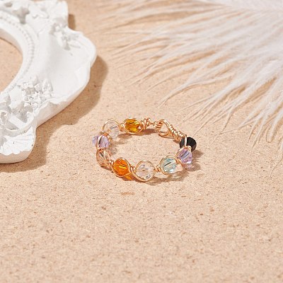 Glass Bicone Braided Finger Ring RJEW-JR00501-1