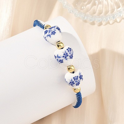 Floral Printed Porcelain Heart Braided Bead Bracelets BJEW-JB14284-1