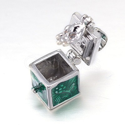 Cube with Flower Pattern Rack Plating Brass Enamel Prayer Box Pendants KK-L101-04-1