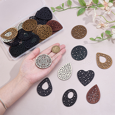 36Pcs 9 Styles Wood Pendants WOOD-PH0003-72-1