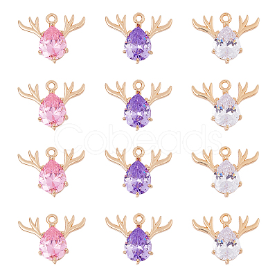12Pcs 3 Colors Brass Glass Rhinestone Pendants GLAA-FH0001-82-1