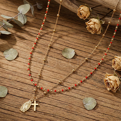 Red Glass Beaded Chain Double Layer Necklaces with Stainless Steel Religion Virgin Cross Pendant QR8888-1-1