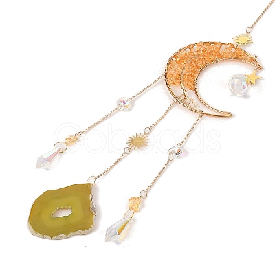 Wire Wrapped Natural Yellow Quartz Moon with Tree of Life Pendant Decorations HJEW-K046-07G-02-1