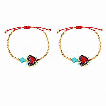 2Pcs 2 Colors Dyed Synthetic Turquoise Cross and Glass Heart Braided Bead Bracelets for Women PE0777-4-1