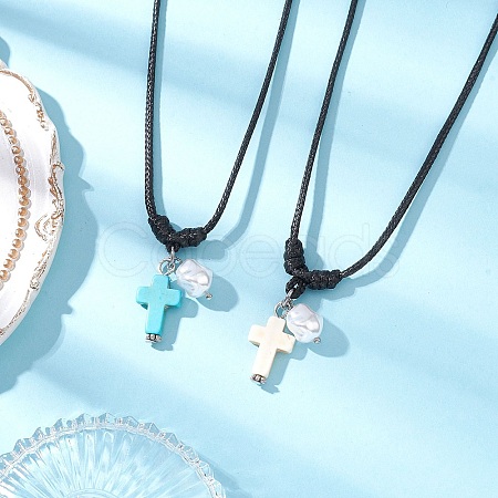 2Pcs 2 Colors Adjustable Dyed Synthetic Turquoise with Round Plastic Imitation Pearl Cross Pendant Black Waxed Polyester Cord Necklaces for Women NJEW-JN05384-1