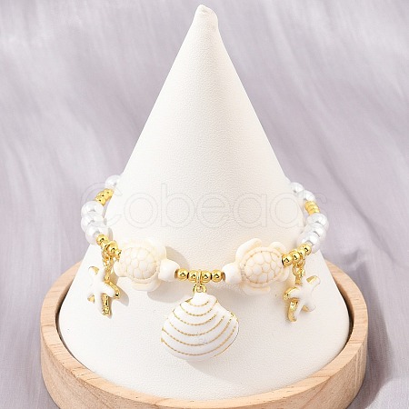 Ocean Brass Enamel Starfish Shell Shape Charm Bracelets for Women KK-CBA68DA-16G-02-1