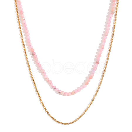 18K Gold Plated Stainless Steel & Natural Pink Opal Beaded Double Layer Necklaces for Women QW1726-4-1