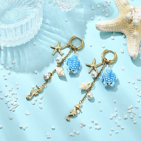 Seahouse 316 Surgical Stainless Steel & Starfish 304 Stainless Steel & Tortoise Porcelain Dangle Hoop Earrings for Women EJEW-JE07129-1