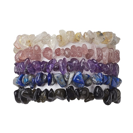 12 Constellation Natural Mixed Gemstone Chip Beaded Stretch Bracelets Sets for Women Men BJEW-JB10264-03-1