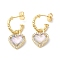 Glass Heart Dangle Stud Earrings with Cubic Zirconia, Real 18K Gold Plated Brass Jewelry for Women, Clear AB, 32~32.5x13~13.5mm