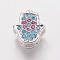 Brass Cubic Zirconia Beads, Hamsa Hand/Hand of Fatima/Hand of Miriam, Colorful, Platinum, 9.5x8.5x4mm, Hole: 2mm