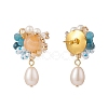 Natural Carnelian & Apatite Beaded Flower with Shell Pearl Dangle Stud Earrings EJEW-TA00163-2