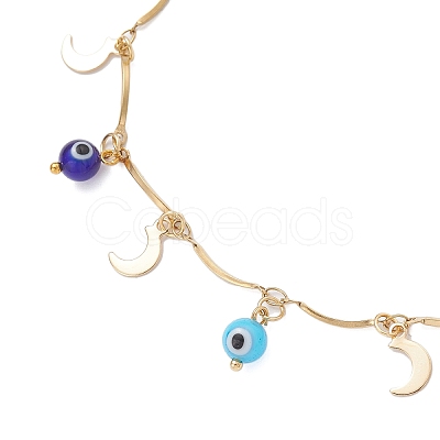 Handmade Evil Eye Lampwork & Stainless Steel Moon Tassel 304 Stainless Steel Curved Bar Link Chain Anklets for Women AJEW-AN00742-01-1