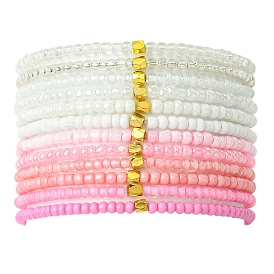 Pink Color Palette Glass Seed Beaded Stretch Bracelet Sets BJEW-MZ00102-1