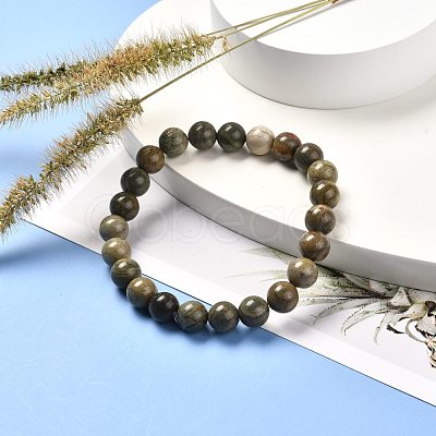 Natural Silver Leaf Jasper Round Beads Stretch Bracelet for Men Women BJEW-JB06824-02-1