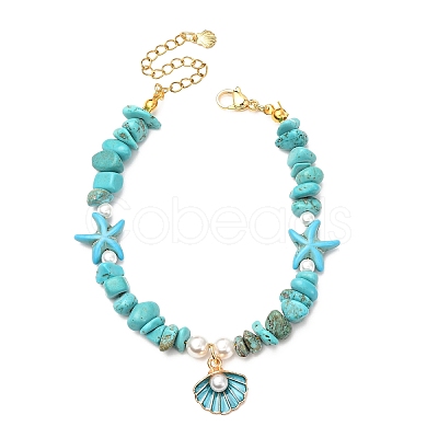 Synthetic Turquoise Chips & Starfish & Shell Pearl Beads Bracelets BJEW-JB12413-03-1