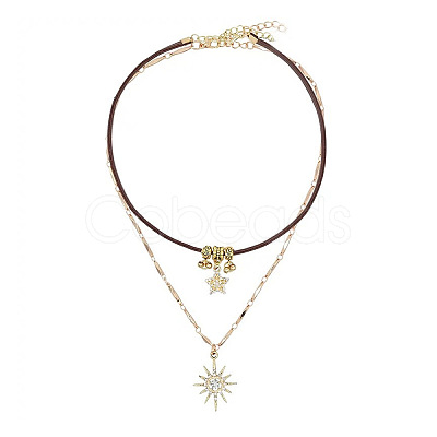 Zinc Alloy Crystal Rhinestone Sun Star Pendant PU Leather Cord Double Layer Necklaces for Women FS-WGD520A-01-1