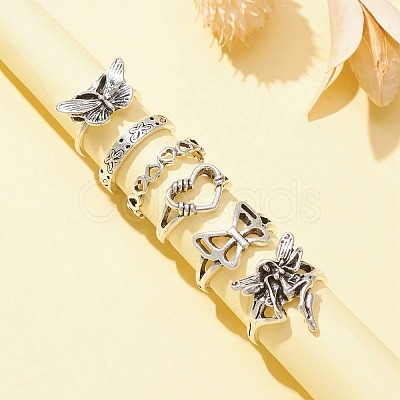 6Pcs 6 Style Butterfly & Heart & Chain Shape Alloy Stackable Rings Set RJEW-FS0001-05A-1