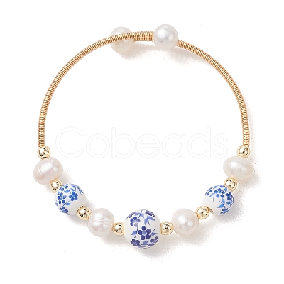 Handmade Porcelain & Natural Cultured Freshwater Pearl & Non-magnetic Synthetic Hematite Beaded Cuff Bangles for Women BJEW-JB14022-01-1