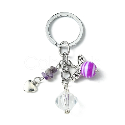 Gemstone Chip & Alloy Heart Pendant Keychain with Angel Acrylic Charm KEYC-JKC00541-1