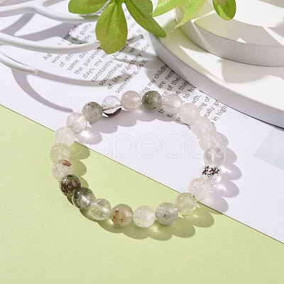 Natural Green Lodolite Quartz/Garden Quartz Round Beaded Stretch Bracelet BJEW-JB08919-02-1