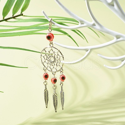 Tibetan Style Alloy Flat Round Net/Web & Feather Pendants HJEW-JM00543-02-1
