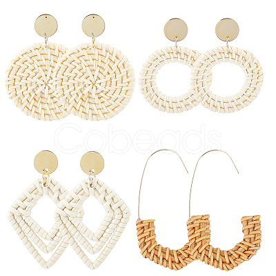 4 Pairs 4 Styles Rattan Dangle Stud Earrings EJEW-SP0001-16B-1