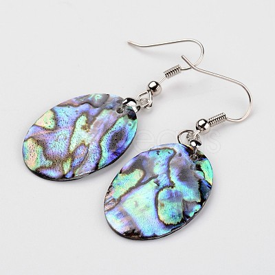 Oval Platinum Tone Brass Natural Paua Shell Dangle Earrings EJEW-M060-03-01-1