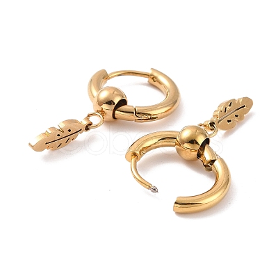 6Pairs PVD Vacuum Plating 201 Stainless Steel Feather Dangle Hoop Earrings with 304 Stainless Steel Pin for Women EJEW-F280-02G-1