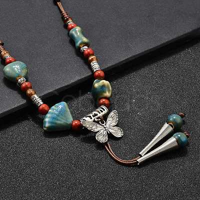 Ethnic Style Alloy & Porcelain Ceramic Beads Butterfly Pendant Tassel Y Necklaces NJEW-D308-01B-1