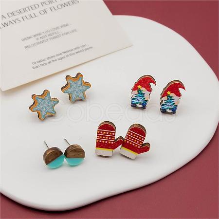 4 Pairs Snowflake & Glove & Christmas Gnome Printed Wood Stud Earrings EJEW-OY001-04-1