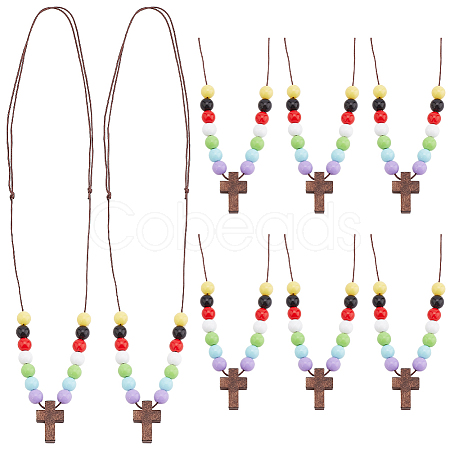 Wood Cross with Acrylic Beaded Pendant Necklaces for Women NJEW-AB00011-1