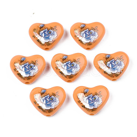 Flower Printed Opaque Acrylic Heart Beads SACR-S305-28-J02-1