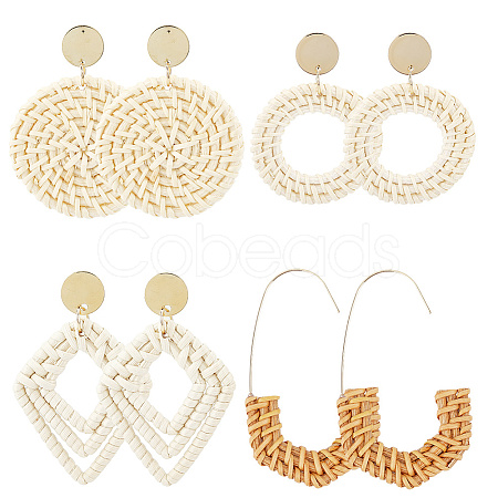 4 Pairs 4 Styles Rattan Dangle Stud Earrings EJEW-SP0001-16B-1