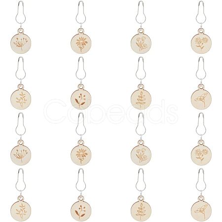 8Pcs 8 Style Flat Round with Flower Wood Charms Locking Stitch Marker HJEW-WH0042-32-1