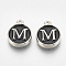 Alloy Enamel Charms, Flat Round with Letter, Platinum, Black, Letter.M, 14x11.5x2.5mm, Hole: 1mm