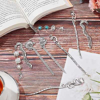 10Pcs 5 Styles Fox Swan Peacock Tibetan Style Alloy Bookmarks FIND-SC0009-01-1