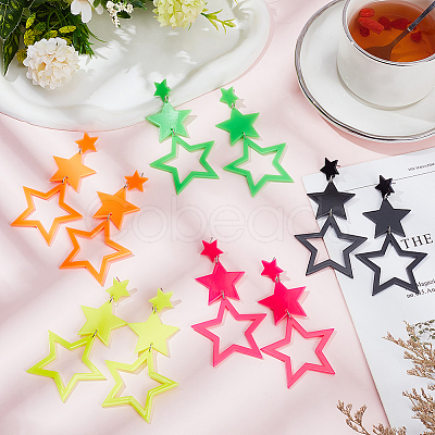 5 Pairs 5 Colors Hollow Star Acrylic Dangle Stud Earrings for Woman EJEW-AN0004-10-1
