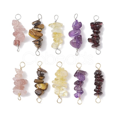 10Pcs 5 Styles Constellation Natural Garnet & Rose Quartz & Tiger Eye & Amethyst & Strawberry Quartz Copper Wire Wrapped Chip Beaded Connector Charms PALLOY-JF02905-11-1