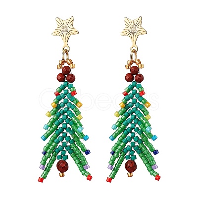 Christmas Tree Natural Red Jasper & Glass Seed Beads Dangle Stud Earrings for Women EJEW-MZ00157-1