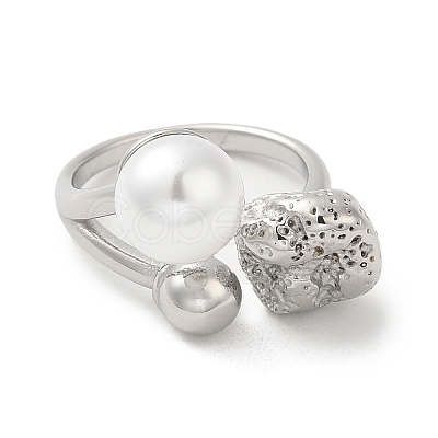 304 Stainless Steel Round Ball Open Cuff Ring with ABS Plastic Imitation Pearl RJEW-G297-02P-1