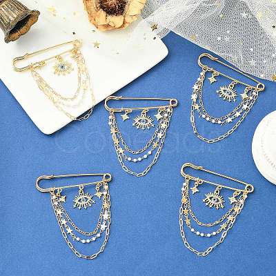 5Pcs Rhinestone Eye & Alloy Star Charms Safety Pin Brooch JEWB-CJ0003-44-1