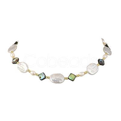 Natural Paua Shell Rhombus & Natural Baroque Keshi Pearl Oval Beaded Necklaces with 304 Stainless Steel End Chains NJEW-JN06522-1