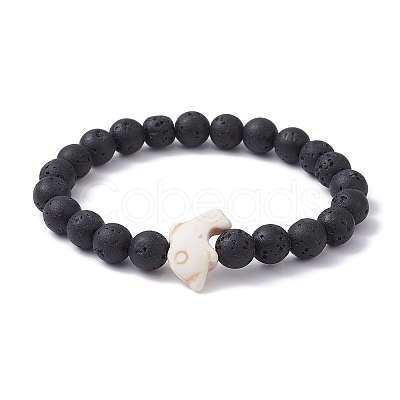 Synthetic Turquoise Dolphin & Lava Rock Beaded Stretch Bracelet BJEW-JB09838-01-1