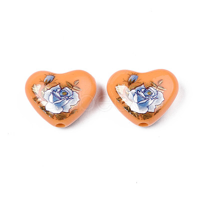 Flower Printed Opaque Acrylic Heart Beads SACR-S305-28-J02-1