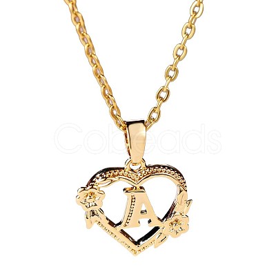 Brass Rose Flower Heart with Letter Pendant Cable Chain Necklaces FS-WG42461-01-1