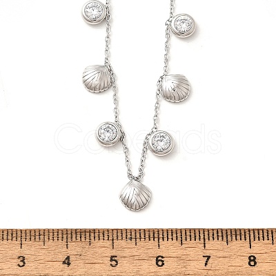 304 Stainless Steel Clear Cubic Zirconia Flat Round & Shell Shaped Bib Necklaces for Women NJEW-U031-08P-02-1