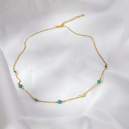 Vintage Synthetic Blue Turquoise 304 Stainless Steel Flat Round Link Chain Necklaces for Women QJ5506-2-1