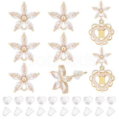 8Pcs Brass Pave Clear Cubic Zirconia Stud Earrings Finding KK-BC0011-11-1