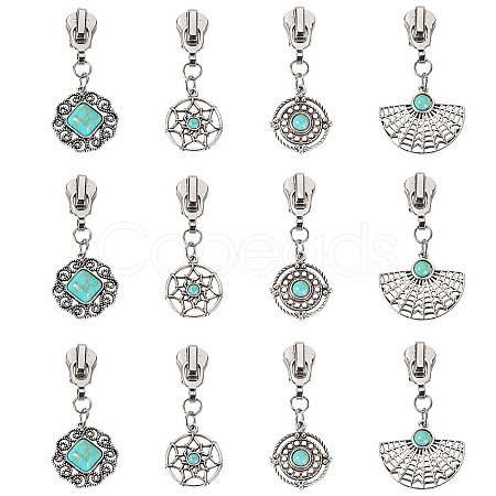 16Pcs 4 Styles Alloy with Synthetic Turquoise Zipper Pulls HJEW-TAC0098-1